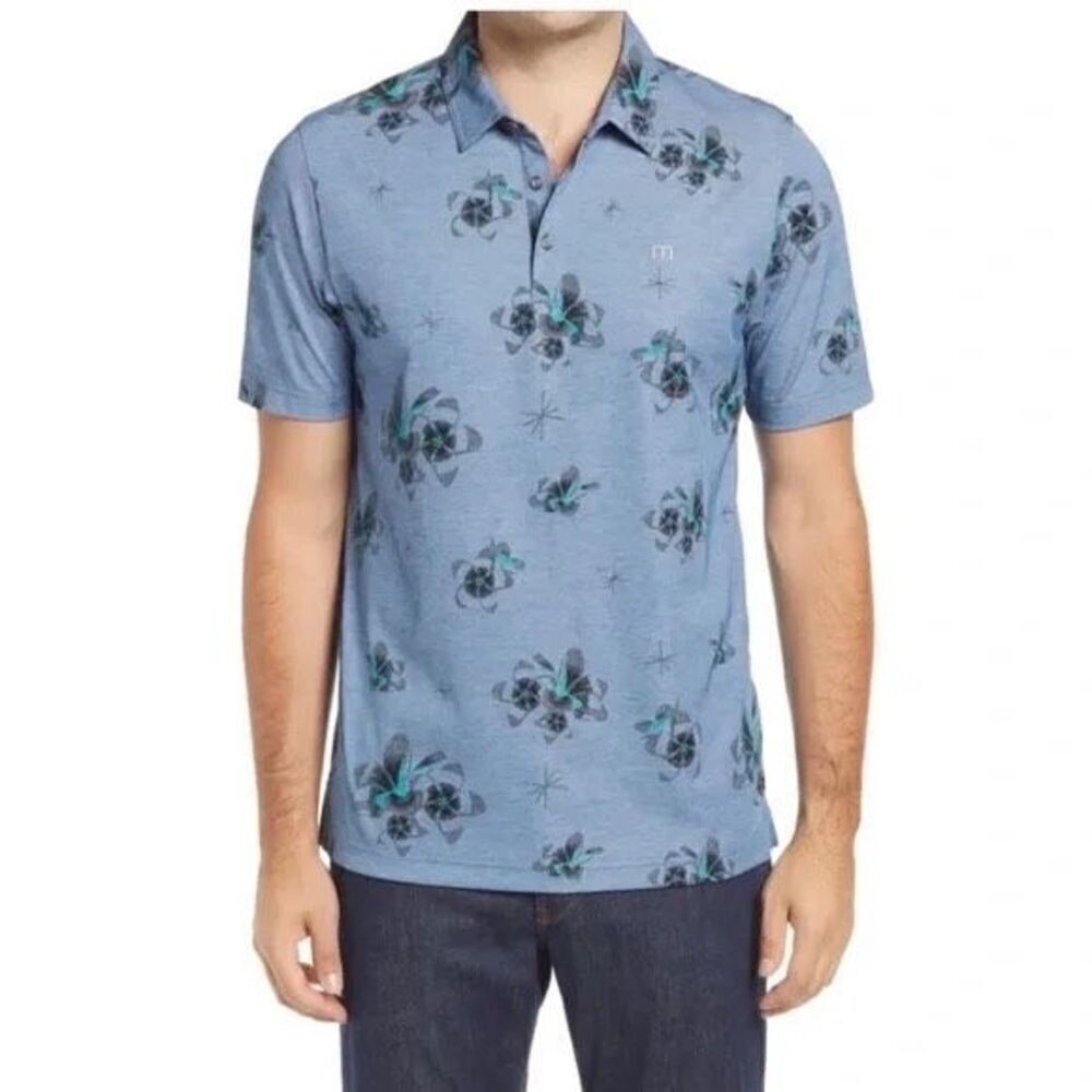 Travis Mathew Speed Runner Heather Opal Blue Floral Polo Size Large